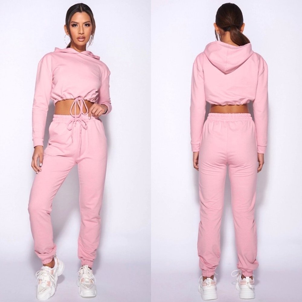 Pink Long Sleeve Hoodie Hooded Crop Top and Joggers Jogger Pants Two Piece Set